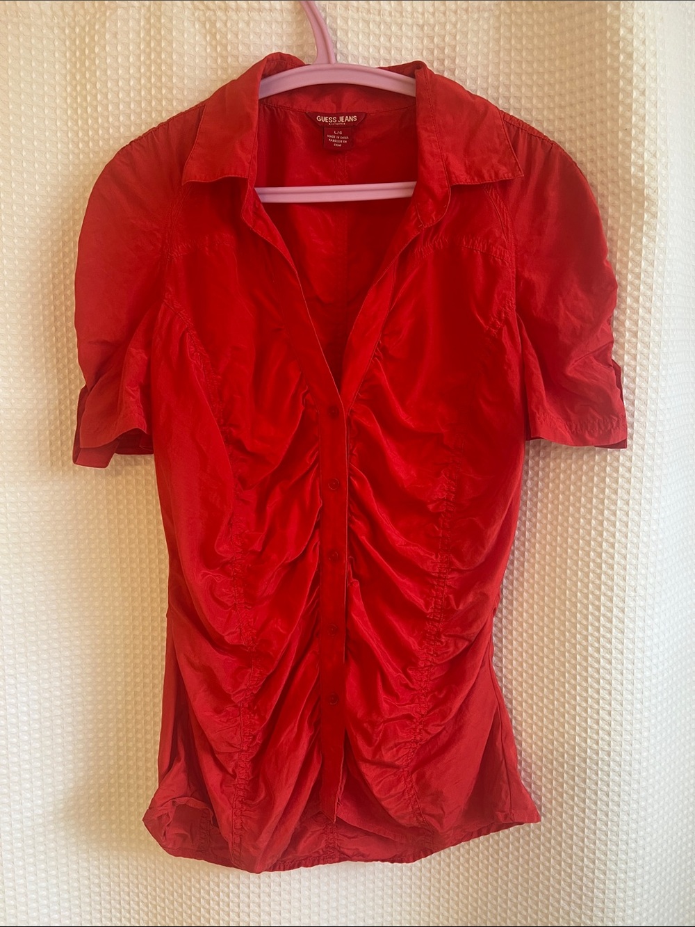 Guess Red Ruched Button-Down Short Sleeve Shirt—SILK/cotton blend—L